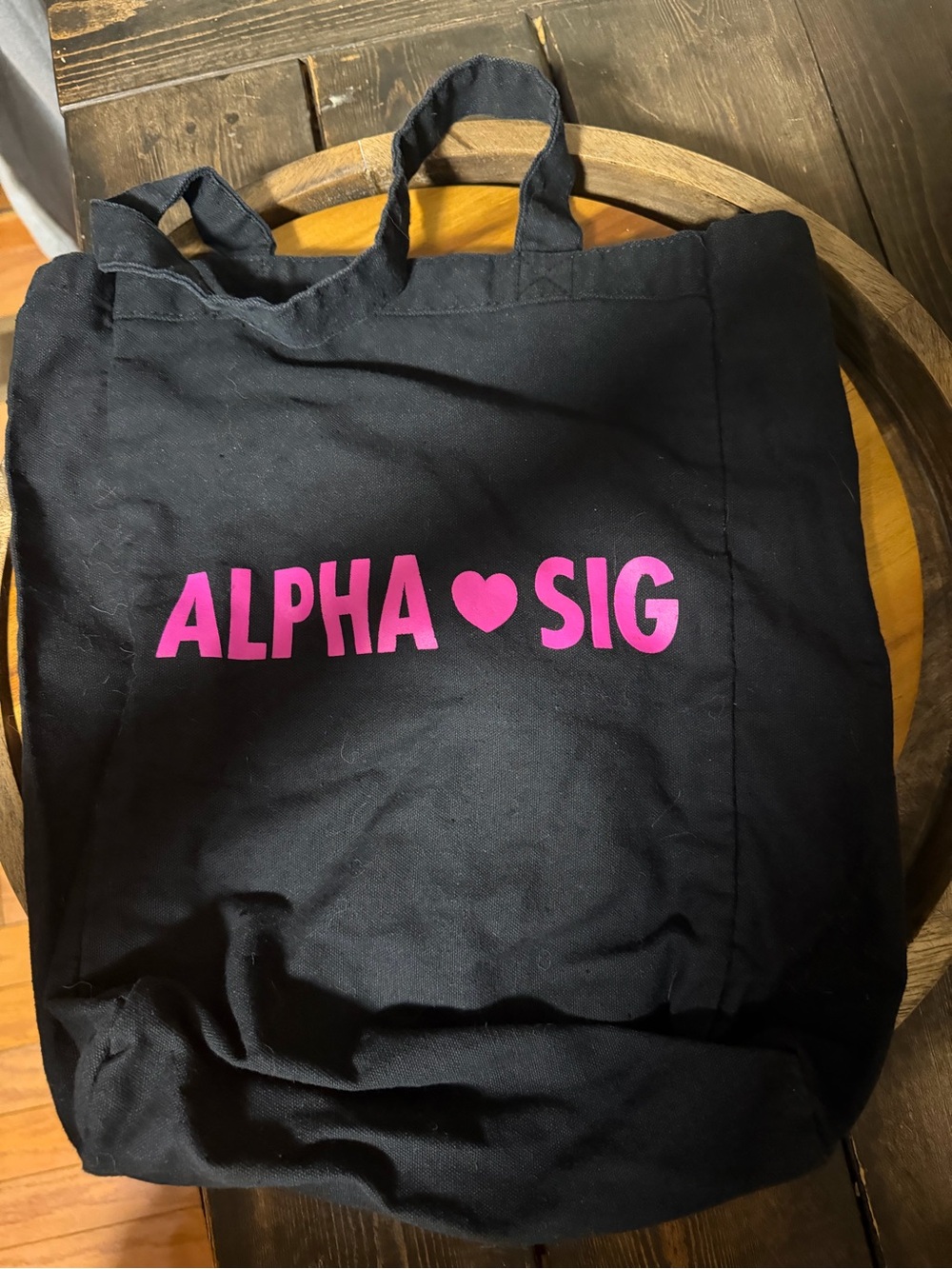 Alpha Sig Black Canvas Tote with Pink Logo